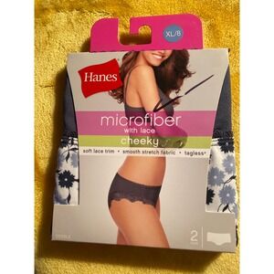 Hanes Microfiber Lace Cheeky Panties 2 Pair XL 8 Navy Floral Soft Tagless new